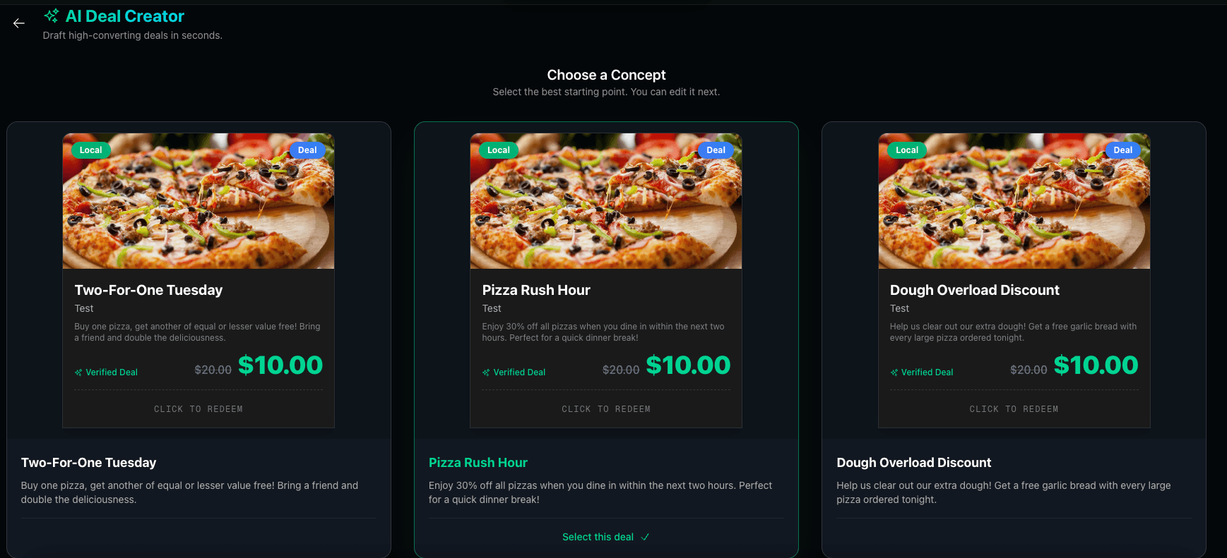 GPT 4o generates three fully formed deal campaigns with images, pricing, and marketing copy